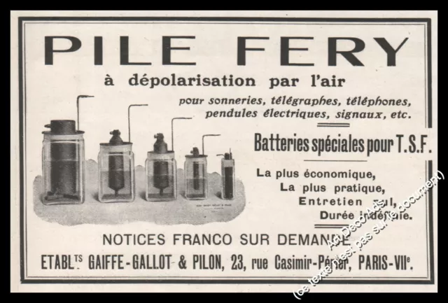Publicité Piles FERY Batteries TSF Poste radio Vintage print Ad Advert 1923