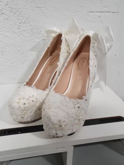 Wedding shoes for Bride 4" Platform heel White lace, ribbon EU 38/US 7.5