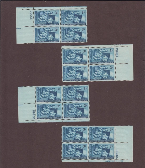 Us, 938, Texas, 4 Matched Corners, Mnh Vf Plate Blocks, 1940'S