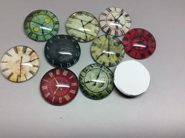 10 Vintage Clock Face Cabochons 16-25mm Mixed Round Glass Picture Dome Flat Back 3