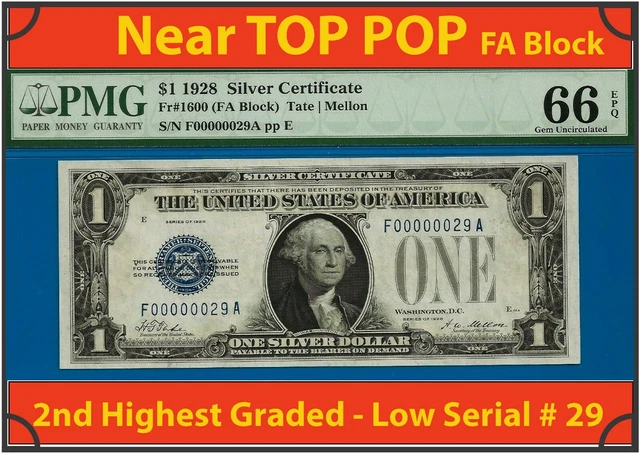 Near TOP POP ✅1928 $1 S/C ➡️ 2nd Finest 🔴 2 Digit # 29 ⬅️ PMG 66EPQ - FA Block