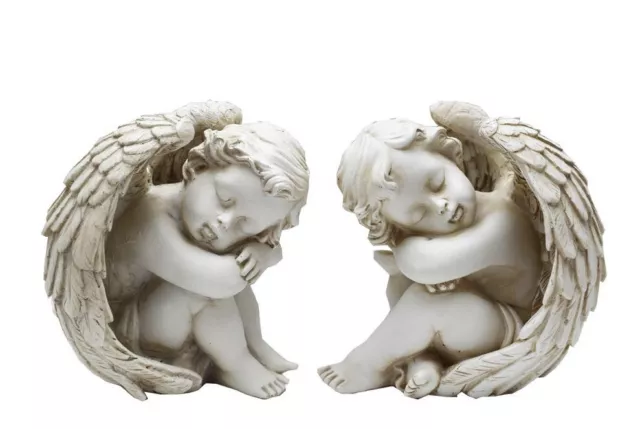 Cherubs X 2 Engel Sitzender mit Flügeln Figur Statue Deko Weiß Kunstharz