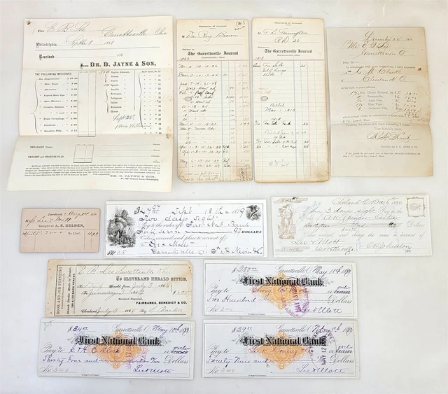 (11) 1868-1880 Garrettsville Ohio Journal Bank Doctor D Jayne Son Receipt ~ F37p