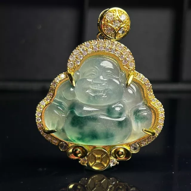 Certified Natural Ice Green White Jade Jadeite inlay Buddha Pendant&Necklaces 佛公