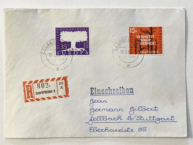 Saarland Nr. 403 + 431 R-Brief SAARBRÜCKEN 10.3.58 - FELLBACH #129138