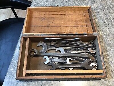 Vintage Homemade Wooden Tool Box with 13 wrenches from Various Makers
