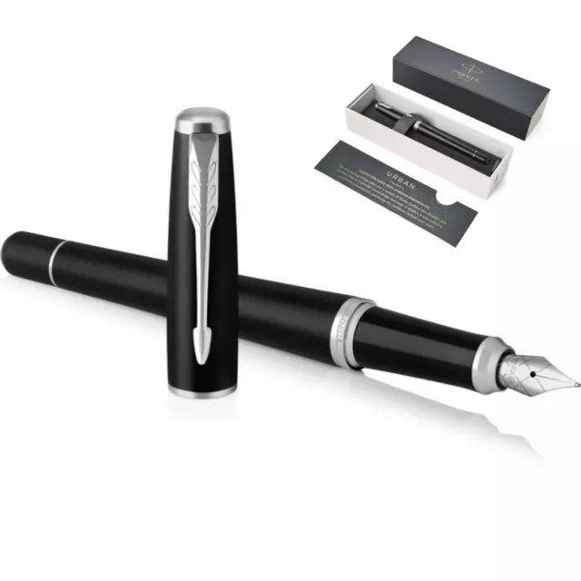 NEW Parker Urban Fountain Pen Matte Black Chrome Trim Gift Box