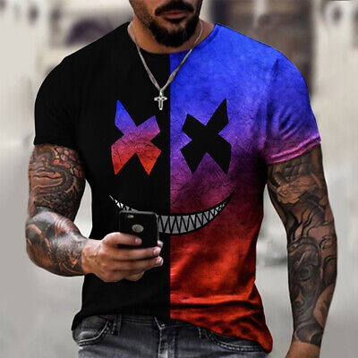 Mens Casual T-Shirt Slim Printed Fit Muscle Tops Gym Crew Neck Short Sleeve Tee