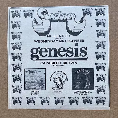 GENESIS SUNDOWN DECEMBER 6 1972 MEMORABILIA Original music press advert from 197