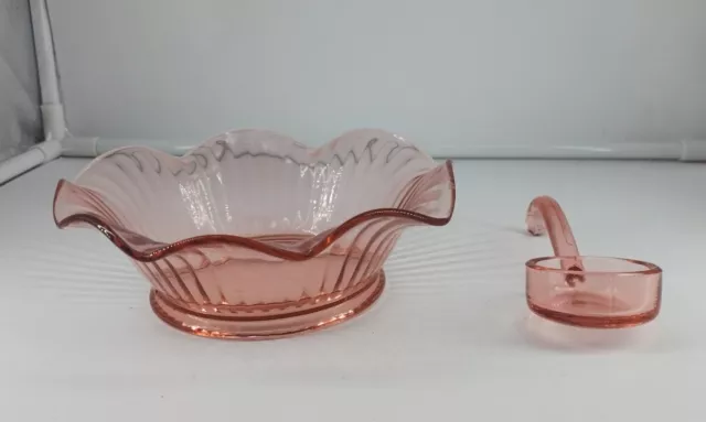 Anchor Hocking Pink Depression Glass Twisted Optic Ruffled Bowl 6 1/2" & Spoon