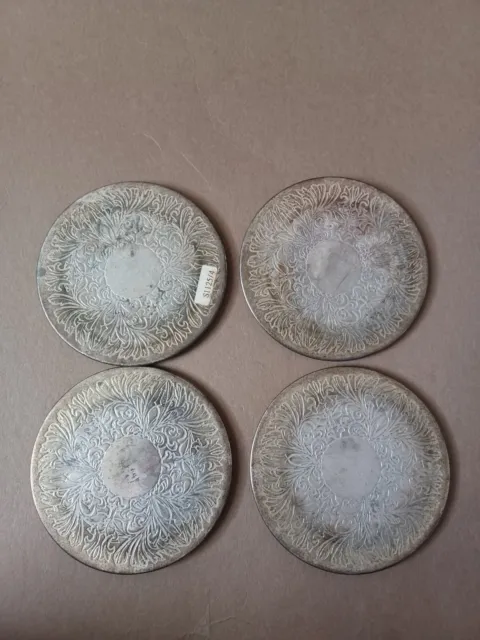 Set Of 4 Vintage Silver Plated Coasters Etched Foliage Art Noveau Style