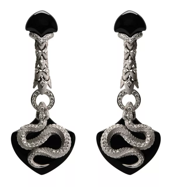 Solid 925 Silver Dark Black Onyx & Shiny Round CZ With Amazing Snake Earrings