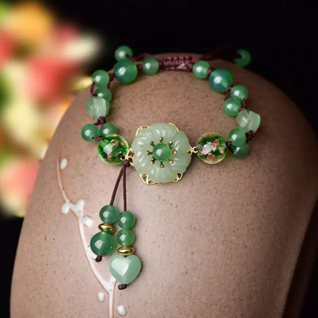 Natural Green Jade Dongling Flower Adjustable Bracelet Jewellery Knitted Amulet
