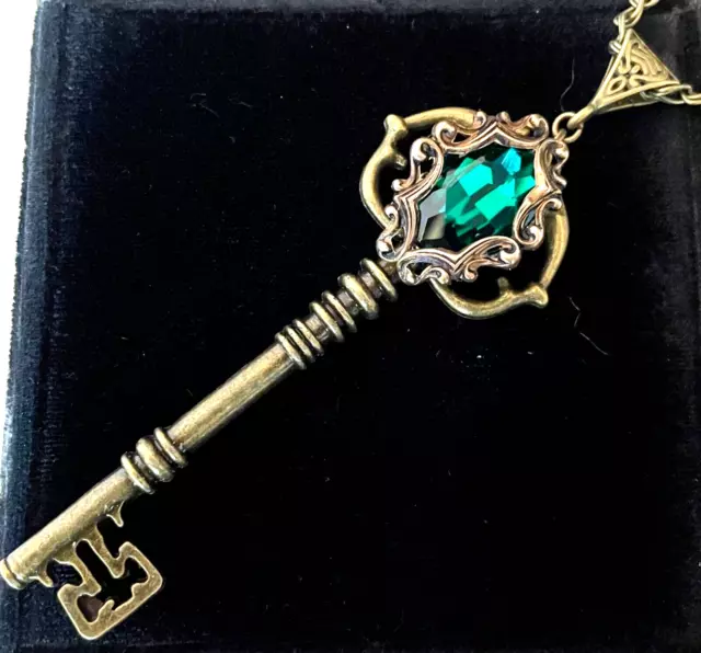 Skeleton Key Necklace Victorian Revival Green Rhinestone Mayfair Pendant