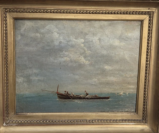 ANCIEN TABLEAU ENCADRÉ signé et daté 1865 huile sur toile paysage animé