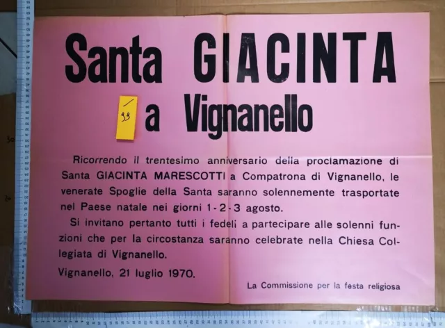 Manifesto originale santa Giacinta marescotti a vignanello chiesa 1970