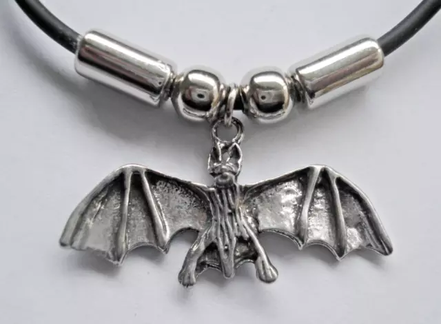 Choker #2445 PEWTER BAT (33mm x 12mm) Rubber Necklace GOTH PENDANT