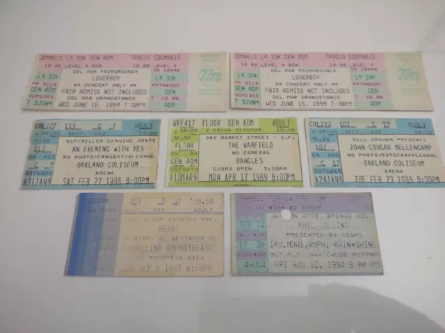 7 Concert Ticket Stubs Phil Collins/Heart/Yes/Loverboy/Bangles/John Cougar 80/90