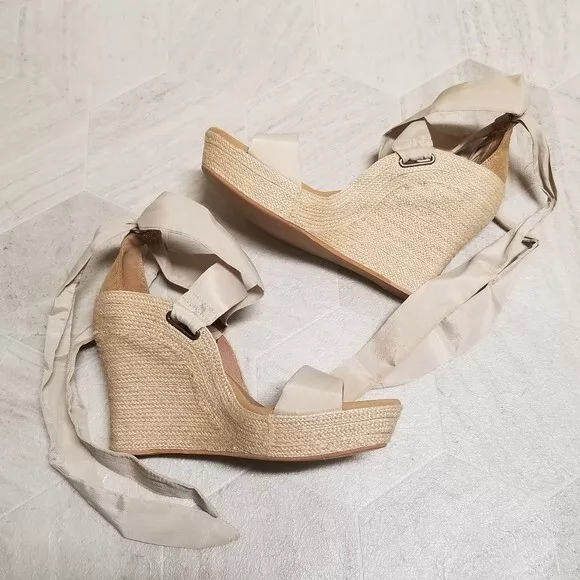 Ugg Jules Pearl Gold Champagne Wrap Bow Tie Platform Wedge Espadrille Sandals 10 3