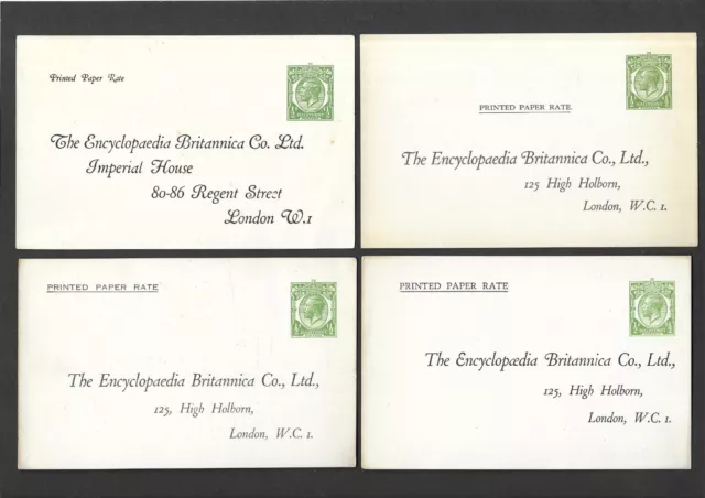 GB Stationery STO 4x KGV 1/2d green Encyclopaedia Britannica Postcards H&B CS61