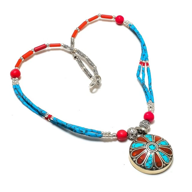 Collier vintage népalais de perles de lapis corail turquoise turquoise