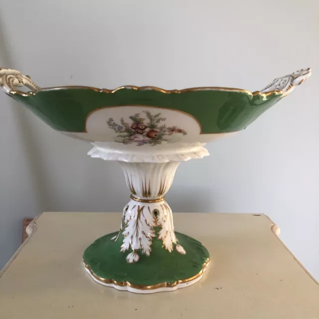 ANTIQUE 19TH Century Large  English Porcelain Comport Green Hand Painted Floral