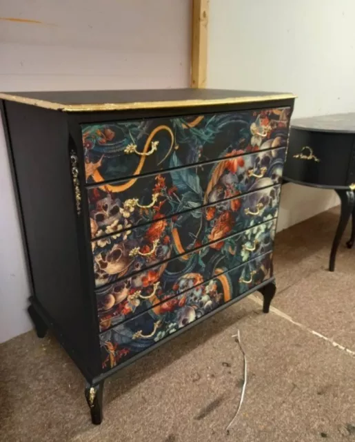 French Style Chest Of Drawers. Skulls Snake Steampunk Print. Upcycled Painted...