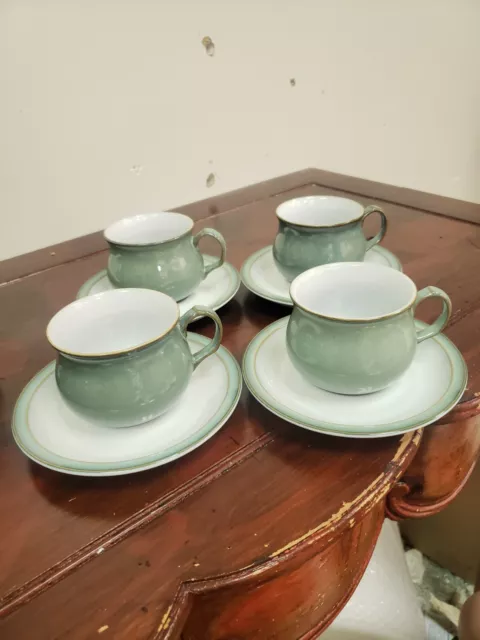Denby-Langley England Regency Green 10 Piece Cups and Saucers Set for 4 + 2 Mugs
