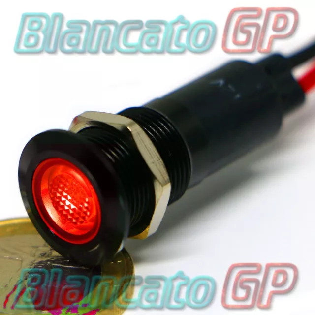 Voyant 12mm Avec LED Rouge 12V en Aluminium Anodisé Noir Metal Flat Tableau