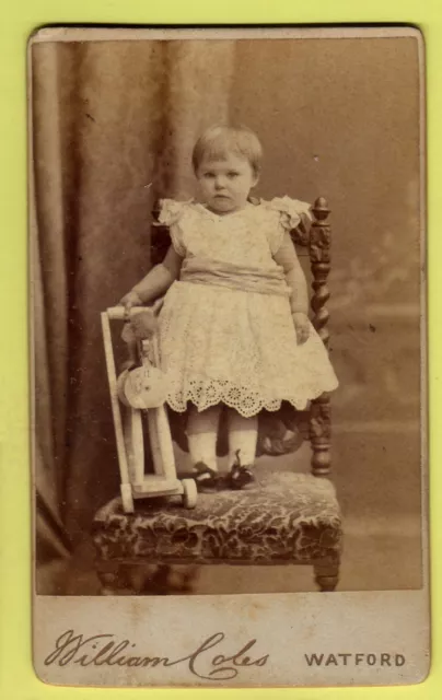 CDV - Young Girl with pushing along toy horse - William Coles - Watford