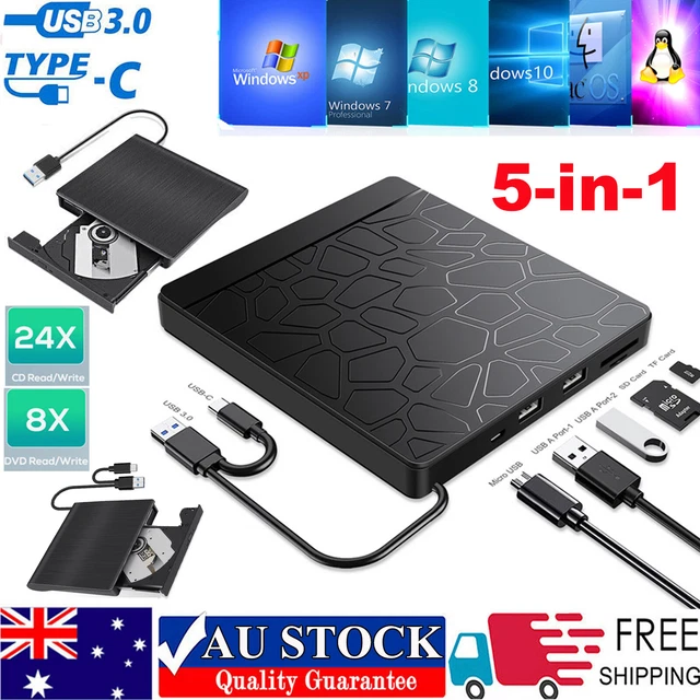 Slim External CD DVD RW Drive USB 3.0+Type-C Writer Burner Player For Laptop PC