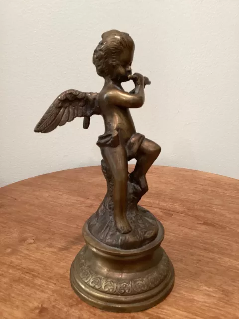 Art Nouveau Bronzed Cherub Baby Angel Musician Playing Flute Sculpture 3