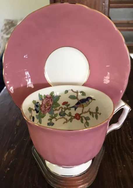 AYNSLEY Pembroke Pink China Tea Cup and Saucer Bird of Knowledge