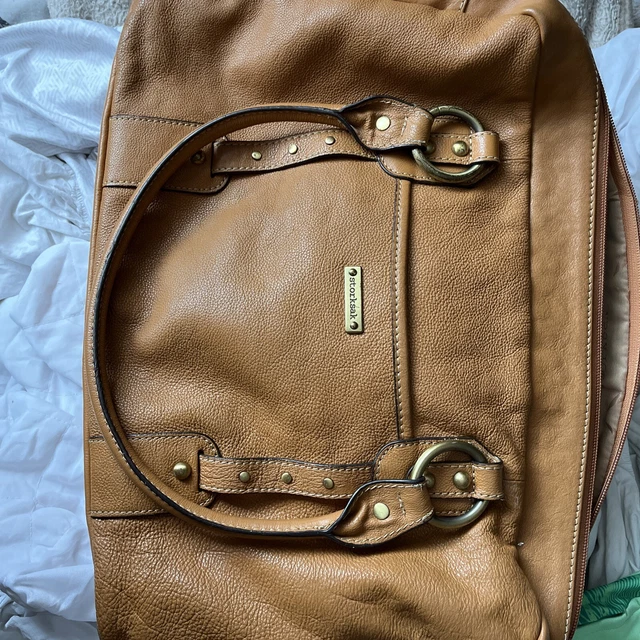 Storksak genuine tan leather sturdy baby bag + detachable strap + extras