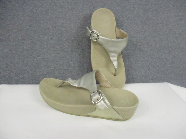 FitFlop Shoes 7 Women's Beige Silver Thong Sandals Leather Slip On Cream 2