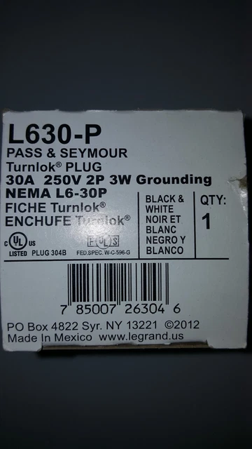 Pass and Seymour Legrand Turnlok Plug 30A 250V 2P 3W Grdg L630-P