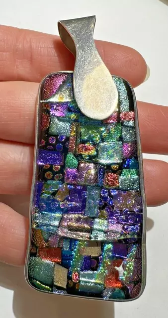 Huge Exquisite Vintage Dichroic Green Pink Purple AB Glass Silver Pendant PC 17