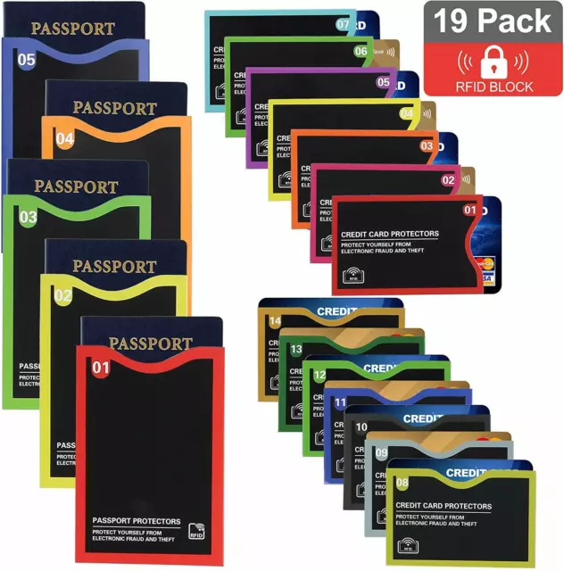 RFID Blocking Sleeve 14 Credit Card Holder & 5 Passport Protector Identity Theft