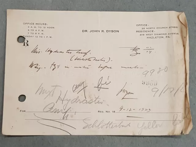 1923 antique DRUGGIST PRESCRIPTION hazleton pa DR. JOHN R. DYSON