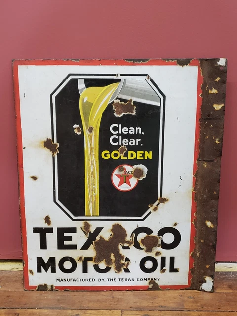 1920s TEXACO MOTOR OIL Antique Porcelain Sign Clean Clear Golden 23" tall