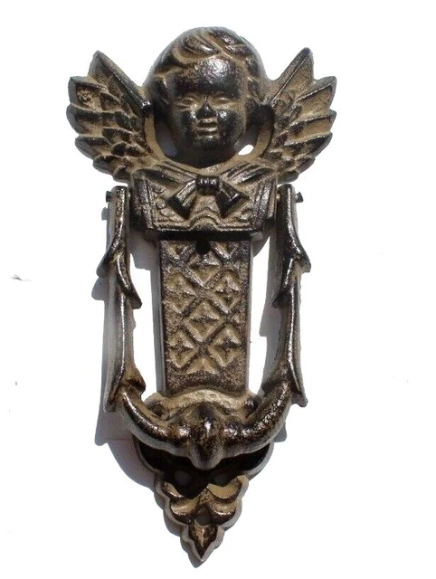 Vtg Antique Rustic Cast Iron Guardian Angel Cherub Door Knocker 8” Tall Large