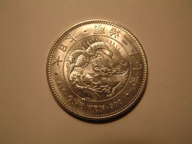 JAPAN Emperor MEIJI Large Antique Silver 1 Yen Japanese Coin DRAGON - SUPERB