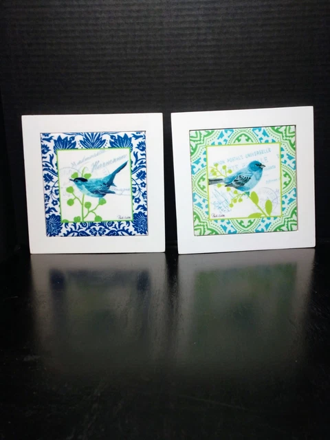 Pair Of New Cypress Framed Ceramic Bird Tiles (For Hanging Or Trivets)