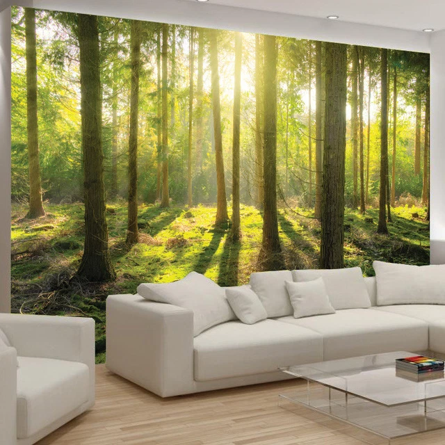 Póster de foto de fondo de pantalla de dormitorio con flores de planta de árbol verde pared mural bosque