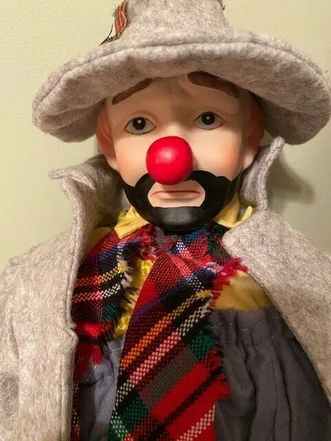 1987 BRINN'S Musical Hobo Clown Porcelain Doll with Bench - If I Were A Rich Man