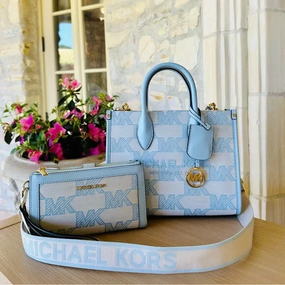 Michael Kors Mirella LG Graphic MK Sky Blue Satchel / Wallet NWT Women Authentic