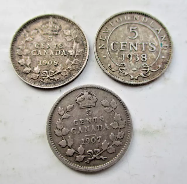 Canada 5 Cent Sterling Silver .925 Coins  1906, 1907 & 1938 Qty 3