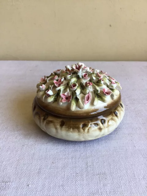 Vintage The Capodimonte Italian Pottery Pink Floral Round Lidded Trinket Box