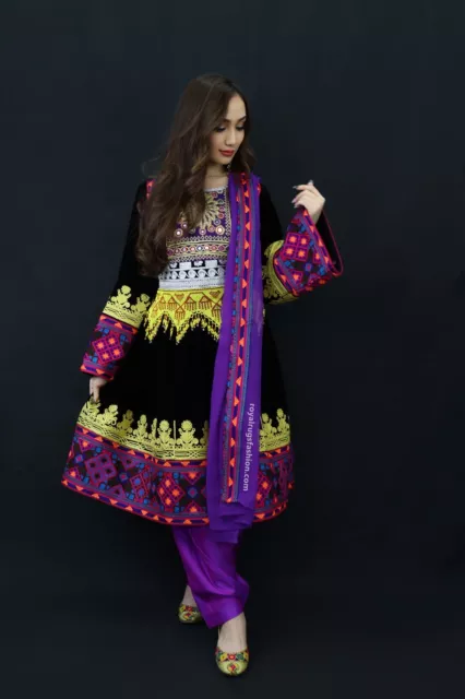 Afghan Black Velvet Gand E Afghani With Handmade Yellow Chirma #2008