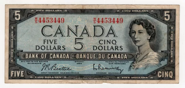 1954 Bank Of Canada Five 5 Dollar Bank Note Ws 4453449 Nice Bill